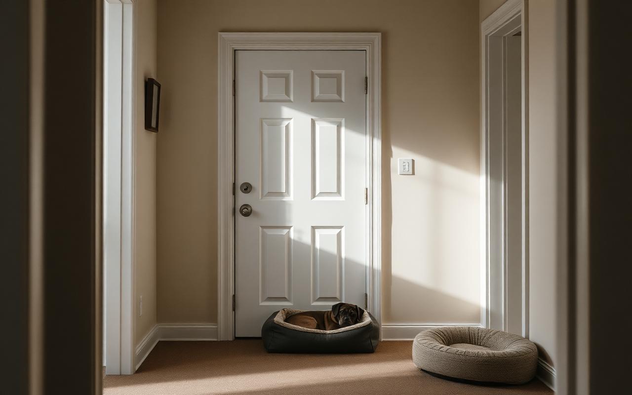 Plain closed front door seen from inside a tidy living room with an empty dog bed nearby