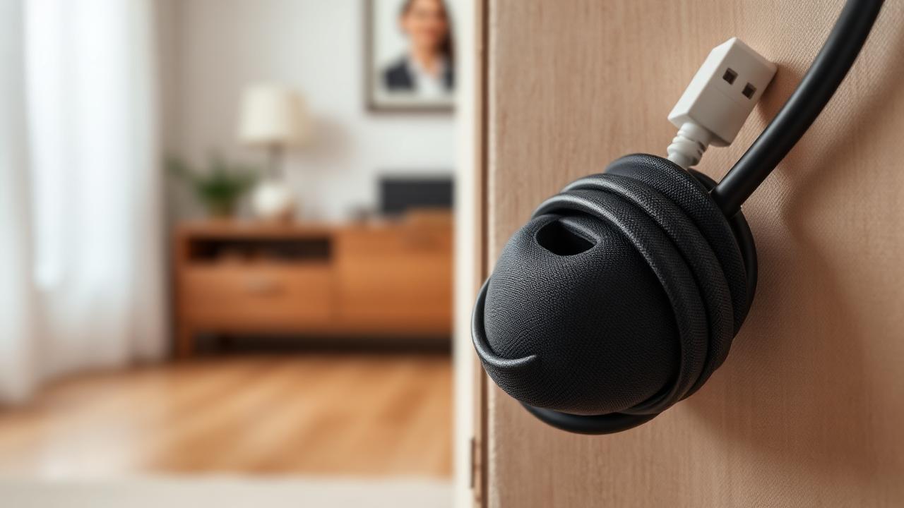 Electrical cords neatly bundled in a cable cover behind furniture at floor level