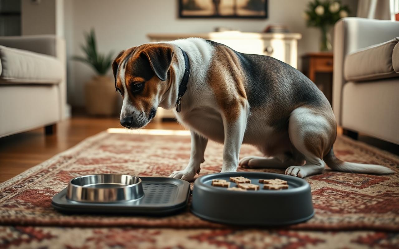 Dog working on a puzzle feeder and snuffle mat on a living room rug