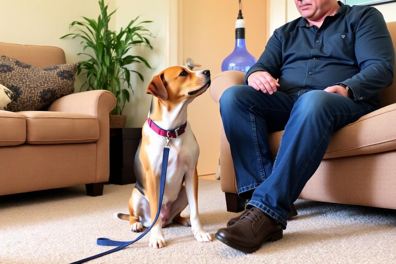 Person holding a loose leash while their dog greets a seated visitor calmly