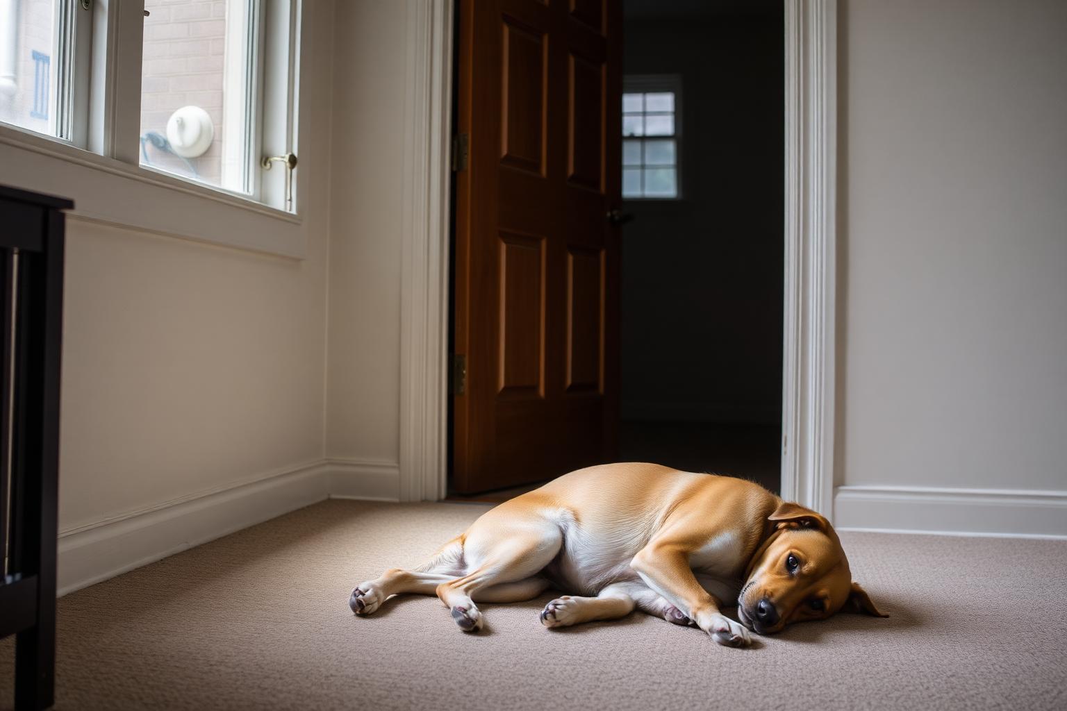 Adult dog resting calmly on a bed in an empty living room