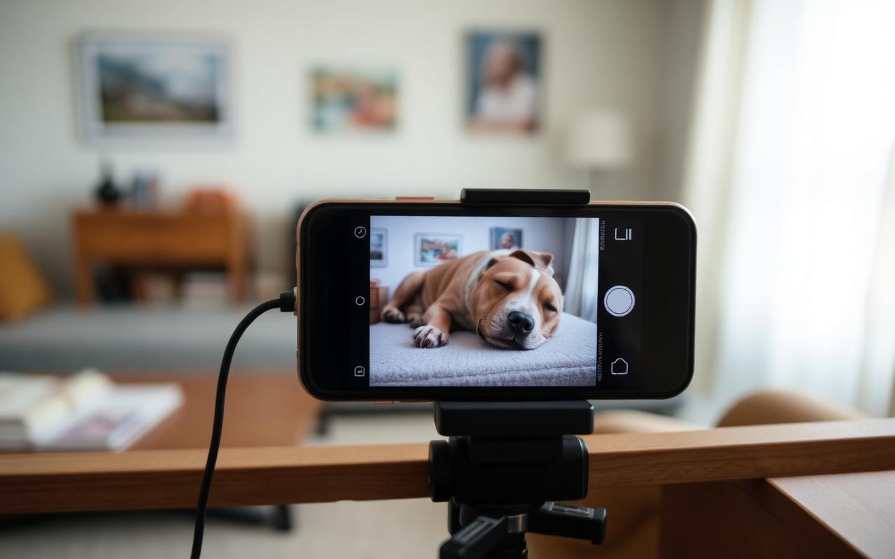 Phone on a small tripod recording a sleeping dog in a living room