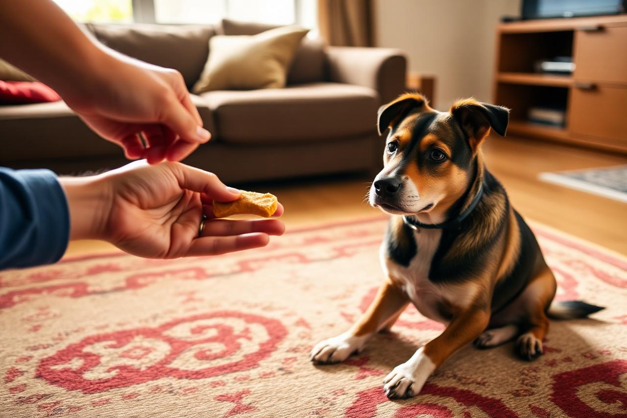 Hand offering a training treat to an attentive dog on a living room rug