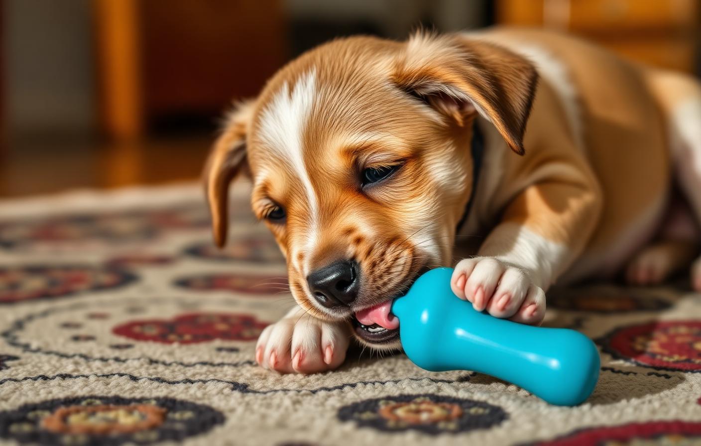 Puppy chewing a safe rubber teething toy on a rug