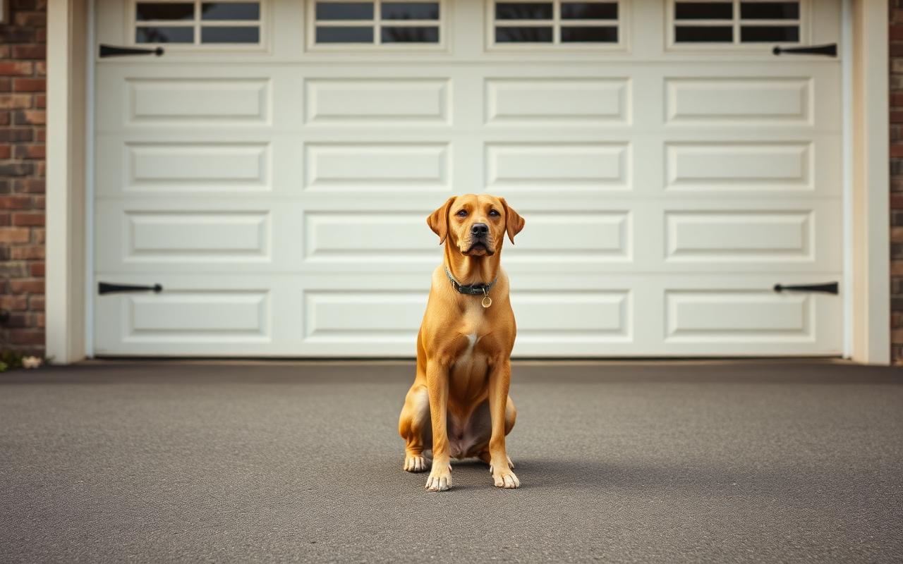Dog responding to its owner in a driveway with the house behind them