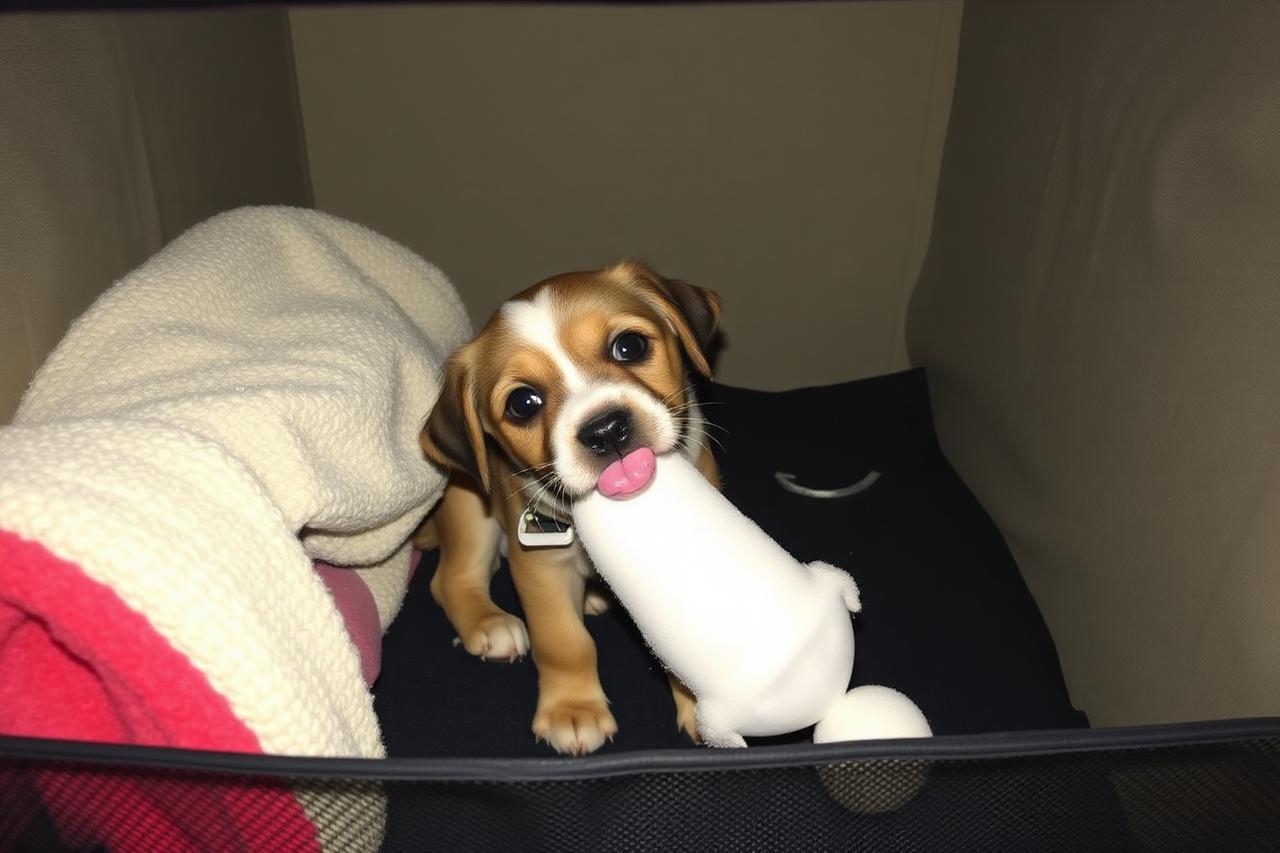 Puppy licking a frozen food mat inside an open crate with a soft blanket