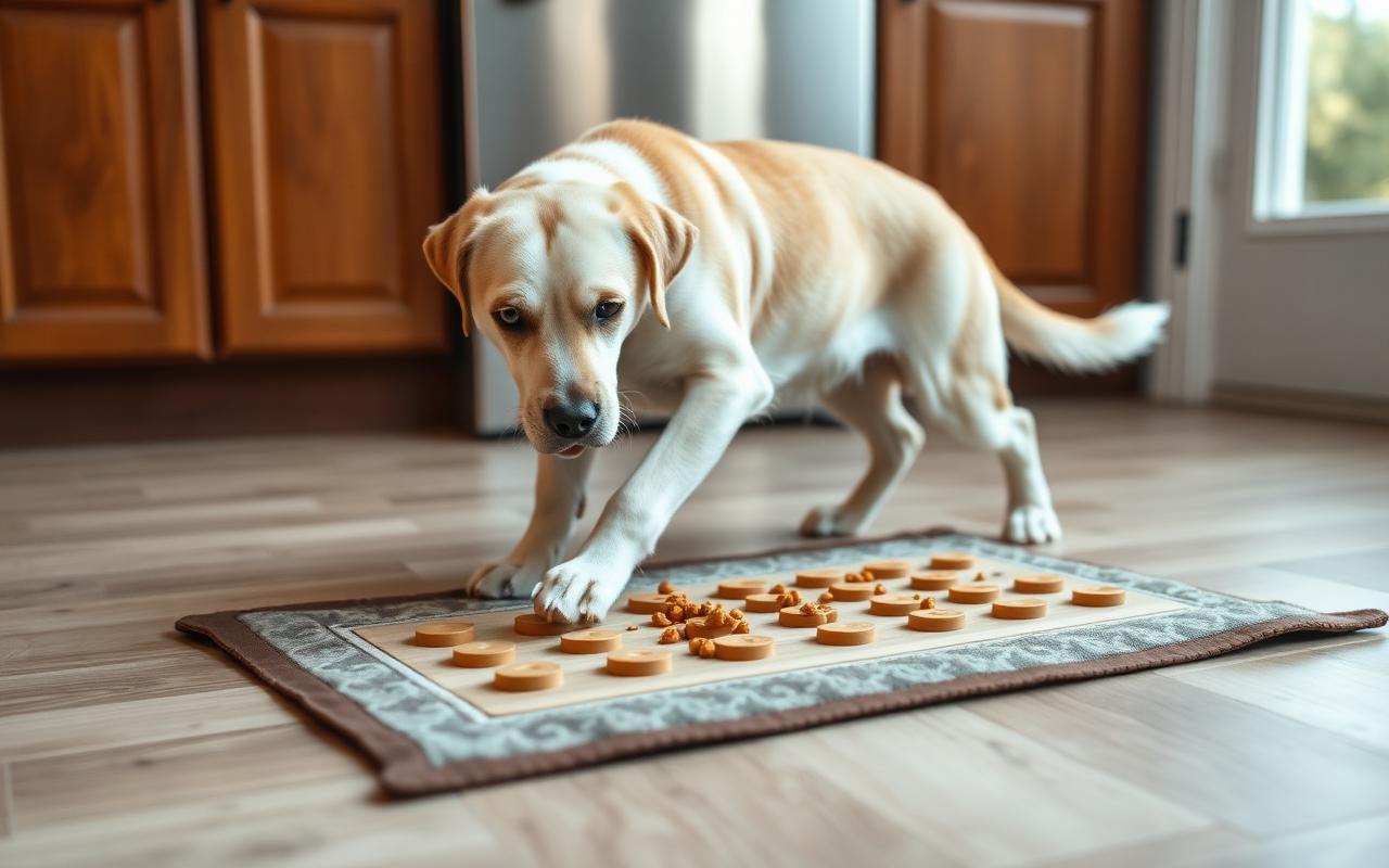 Adult dog working a food puzzle mat on a kitchen floor