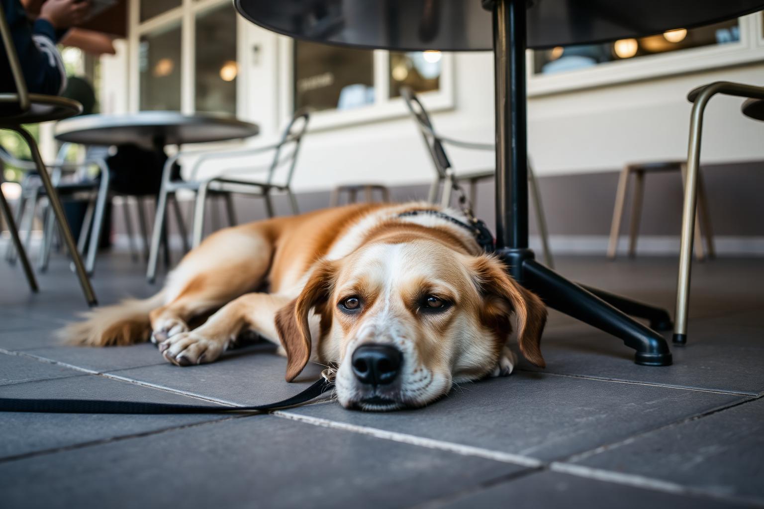 Dog in a harness lying settled beside a chair on a quiet outdoor cafe patio