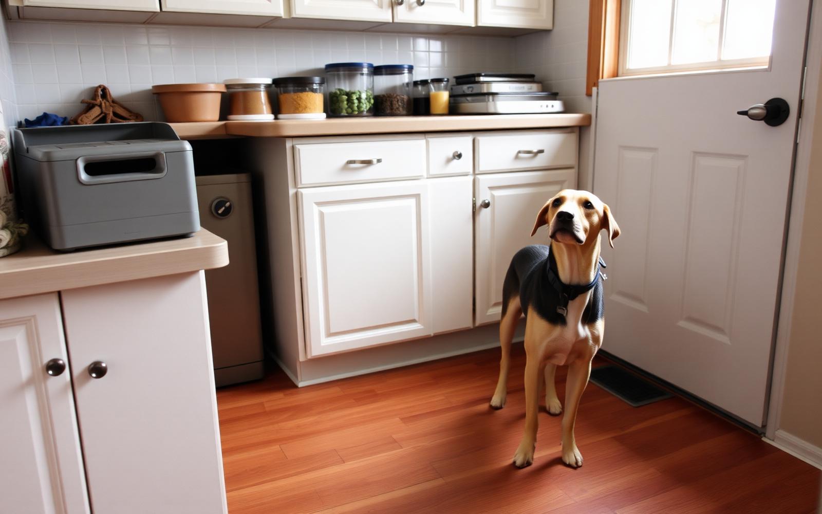 Dog standing with four paws on the floor beside a clear kitchen counter
