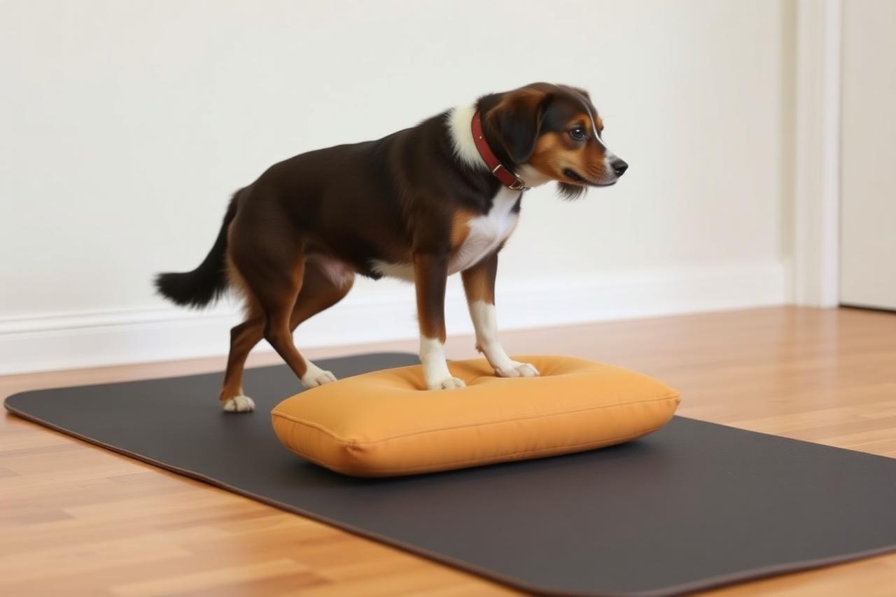 Dog carefully stepping onto a low balance cushion placed on a non-slip mat indoors
