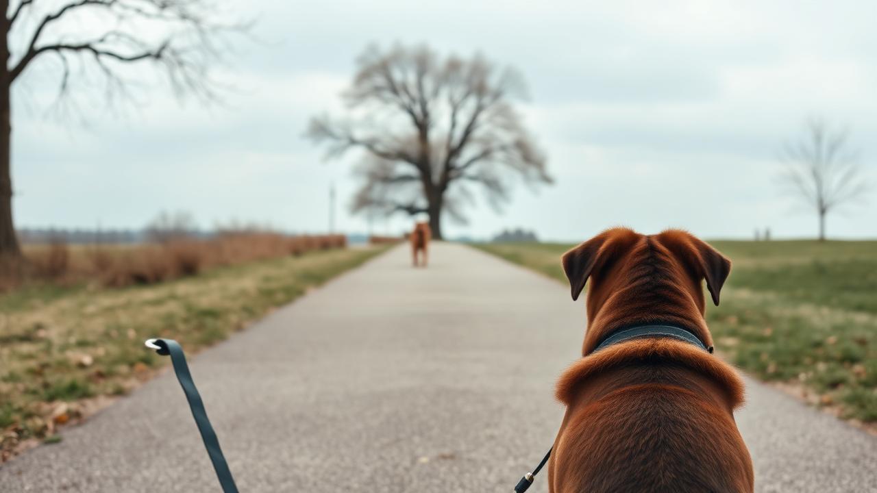 Leashed dog calmly watching another dog far away across a wide park path