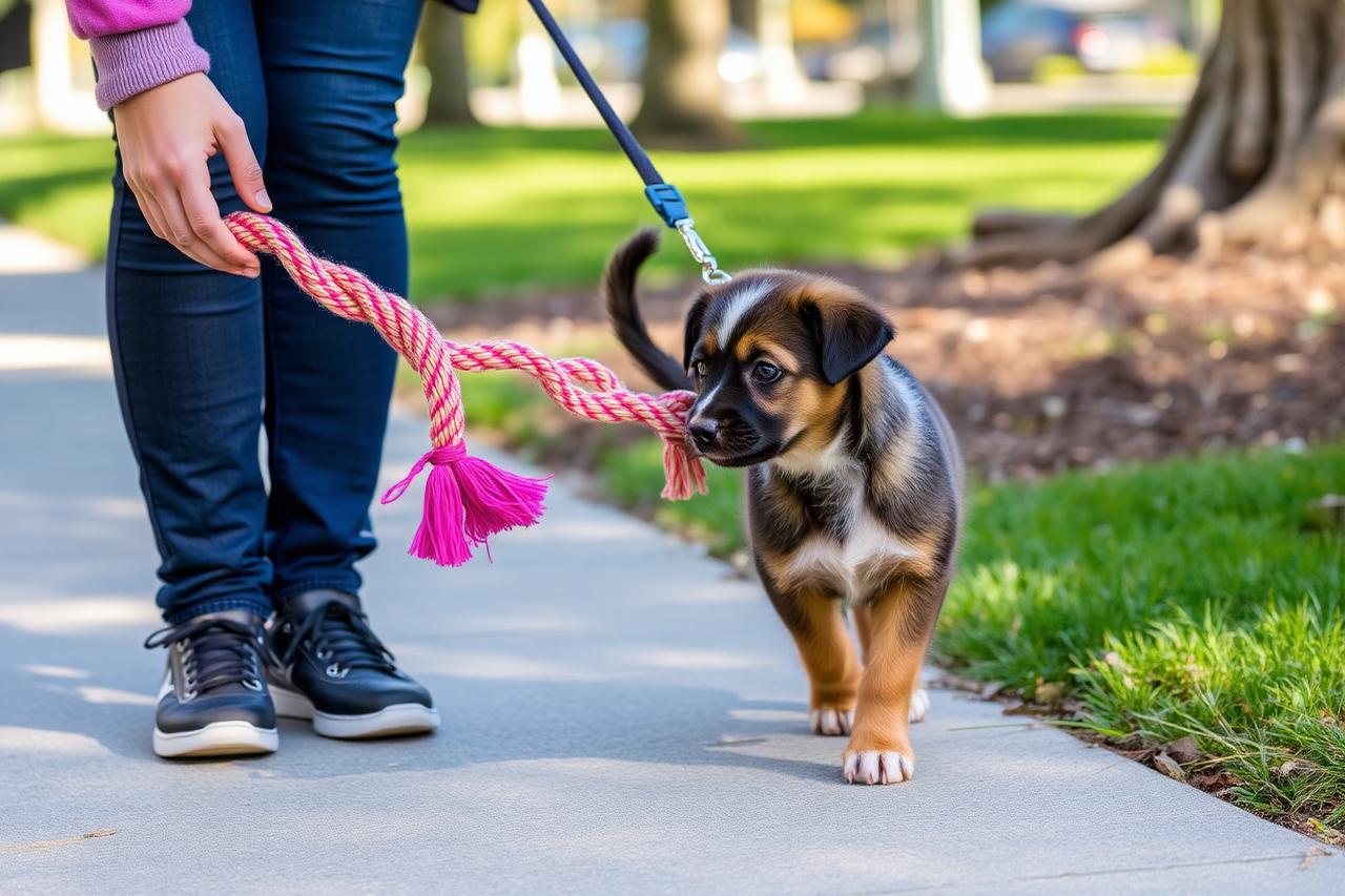 Person offering a puppy a soft rope toy during a walk to redirect it from the leash