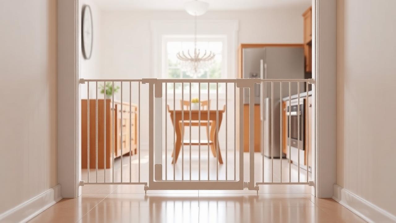 Baby gate installed in a doorway creating a safe puppy zone in a kitchen