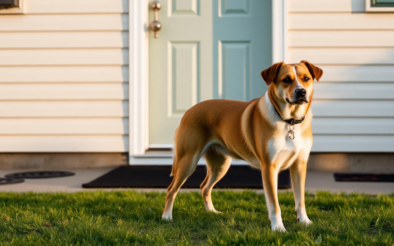 Adult dog standing calmly by a back door leading to a fenced yard