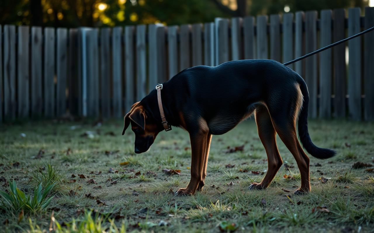Adult dog sniffing calmly on a long training line in a quiet fenced backyard