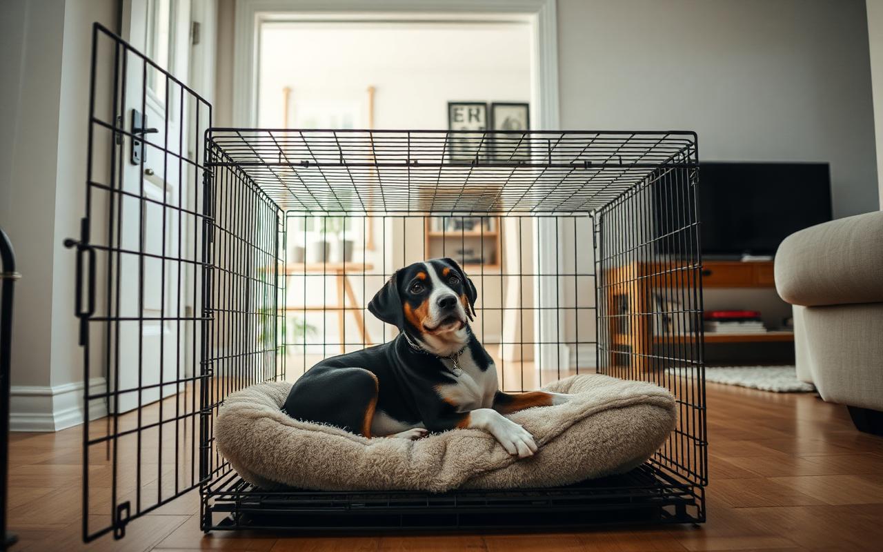 Dog resting comfortably inside an open wire crate with a soft bed in a bright living room
