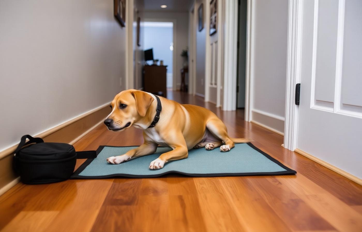 Dog practicing a long settle on a small travel mat in a home hallway