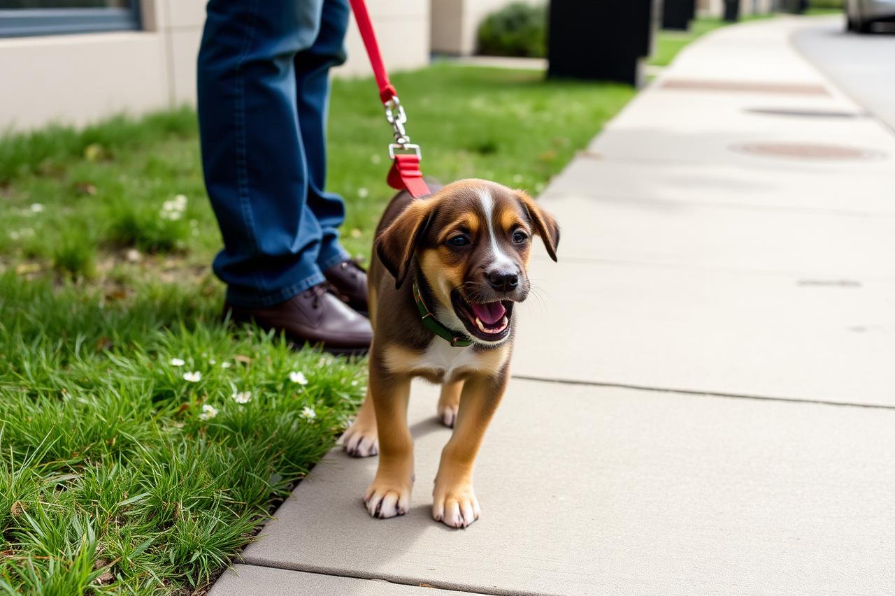 Puppy on a sidewalk biting at its own leash
