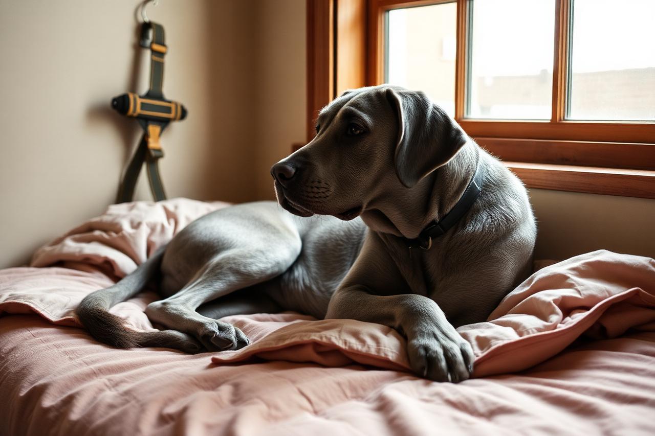 Older service dog resting at home with its harness on a hook