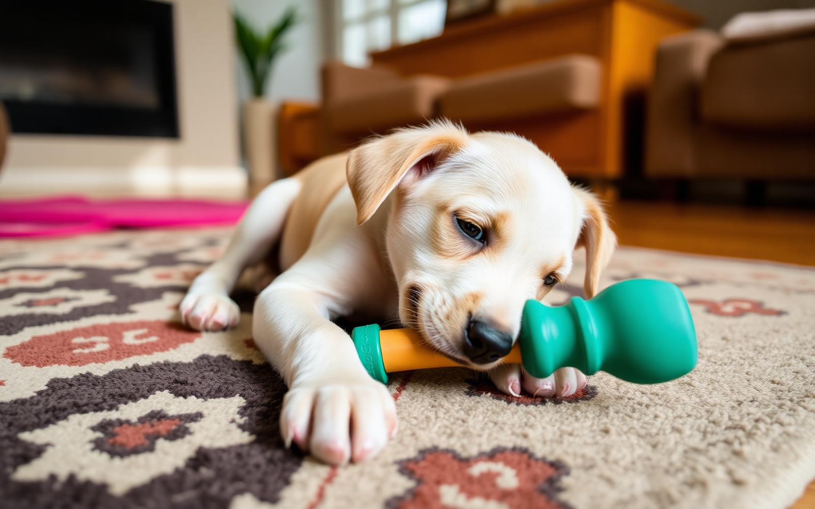 Young puppy chewing a soft rubber toy on a living room rug