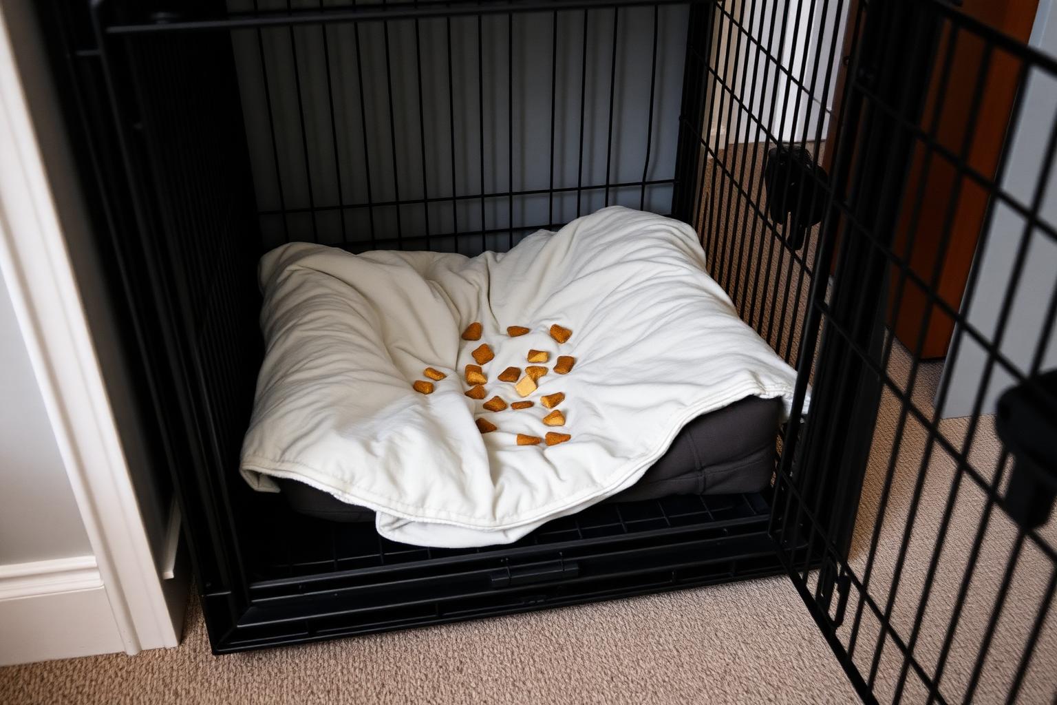 Wire crate with the door propped fully open and treats scattered on the bedding inside