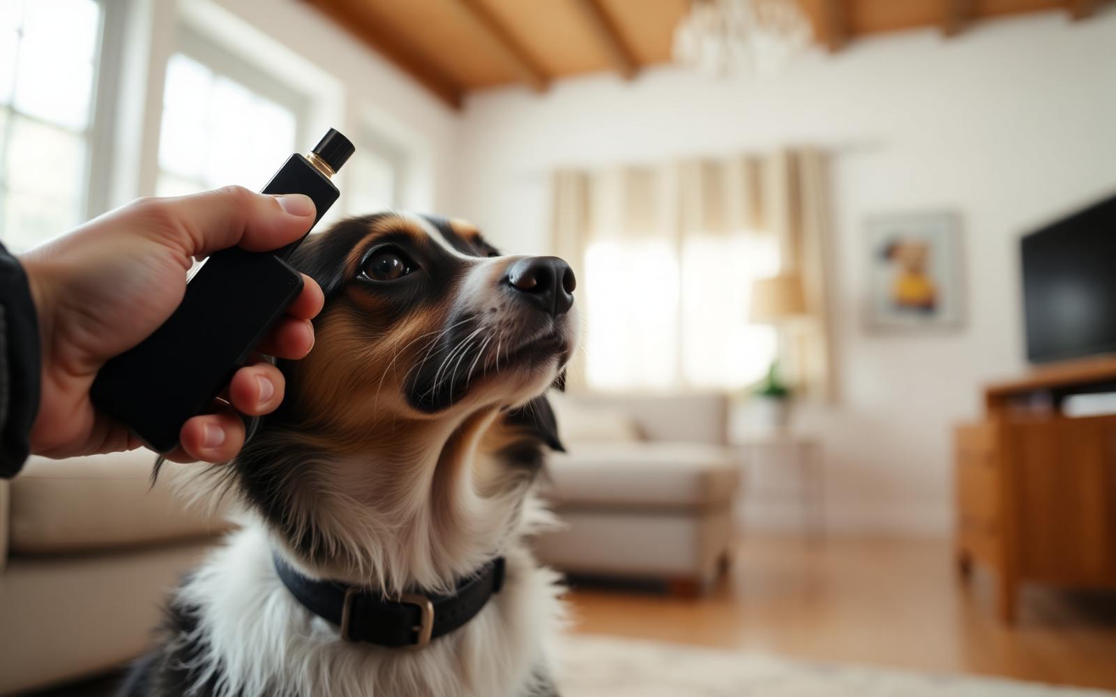 Hand holding a clicker beside an attentive dog during an indoor training session