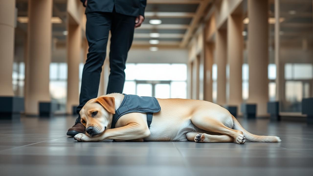 Calm working-style dog in a harness settled quietly beside a handler in a public building