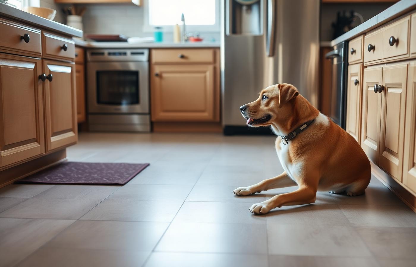 Dog offering a sit on a kitchen floor during a short marker reward training session