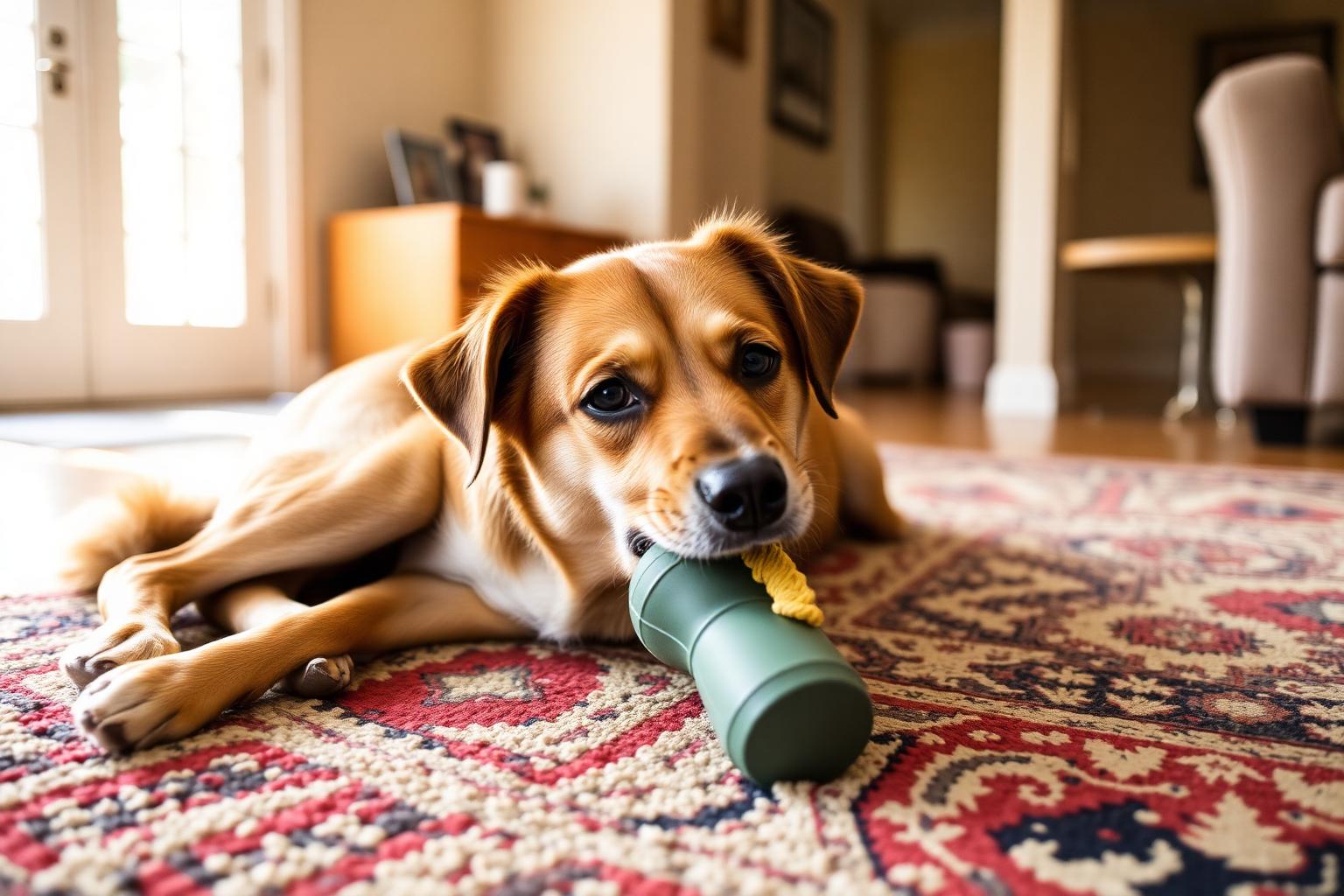 Dog lying on a rug chewing a safe rubber chew toy