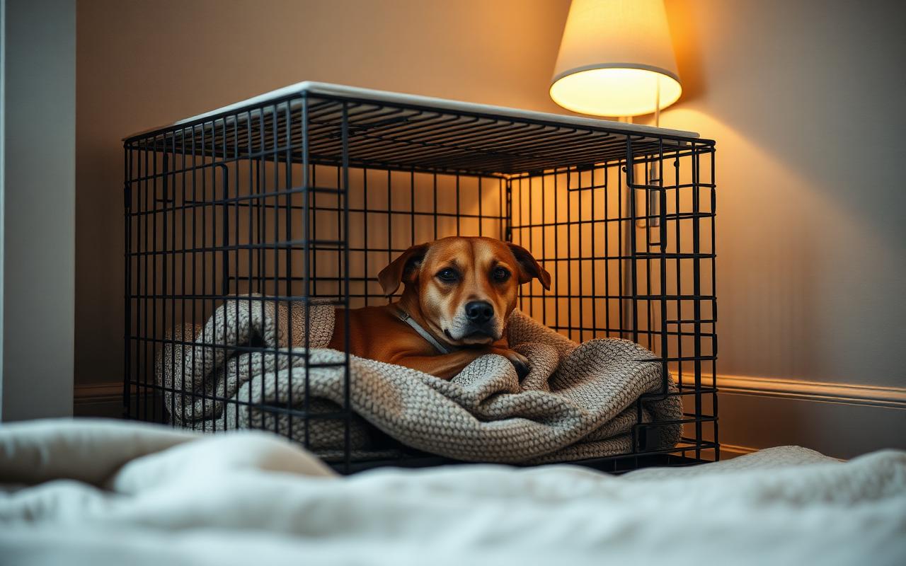 Calm dog resting inside an open crate covered with a soft blanket in a quiet bedroom corner