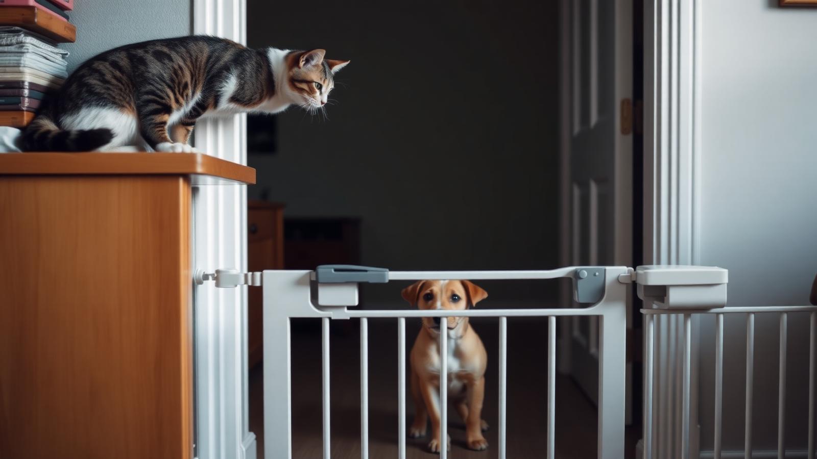 Cat watching from a raised surface while a puppy sits behind a baby gate