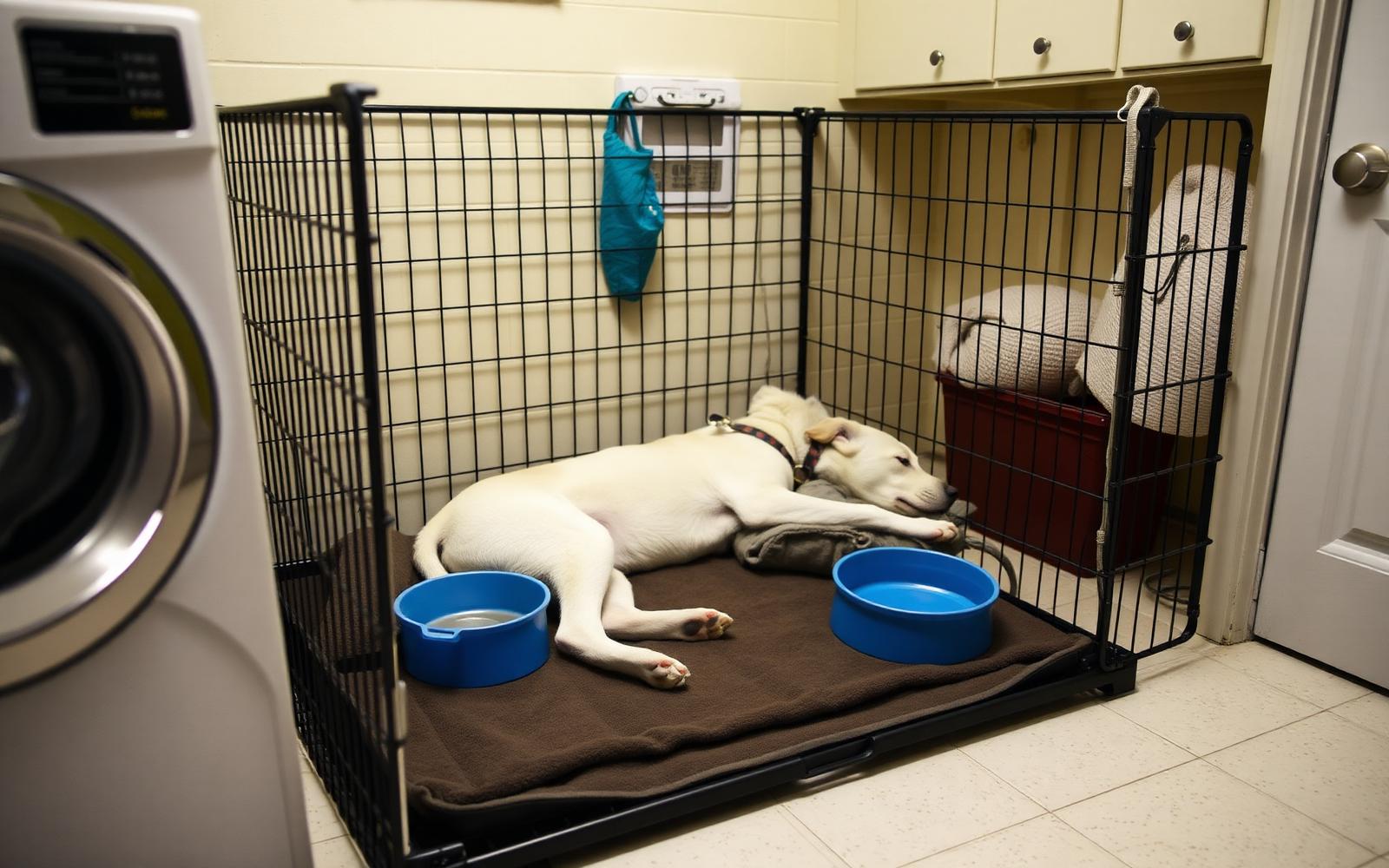 Open wire crate with a flat bed and a clean tile floor in a quiet corner of a home