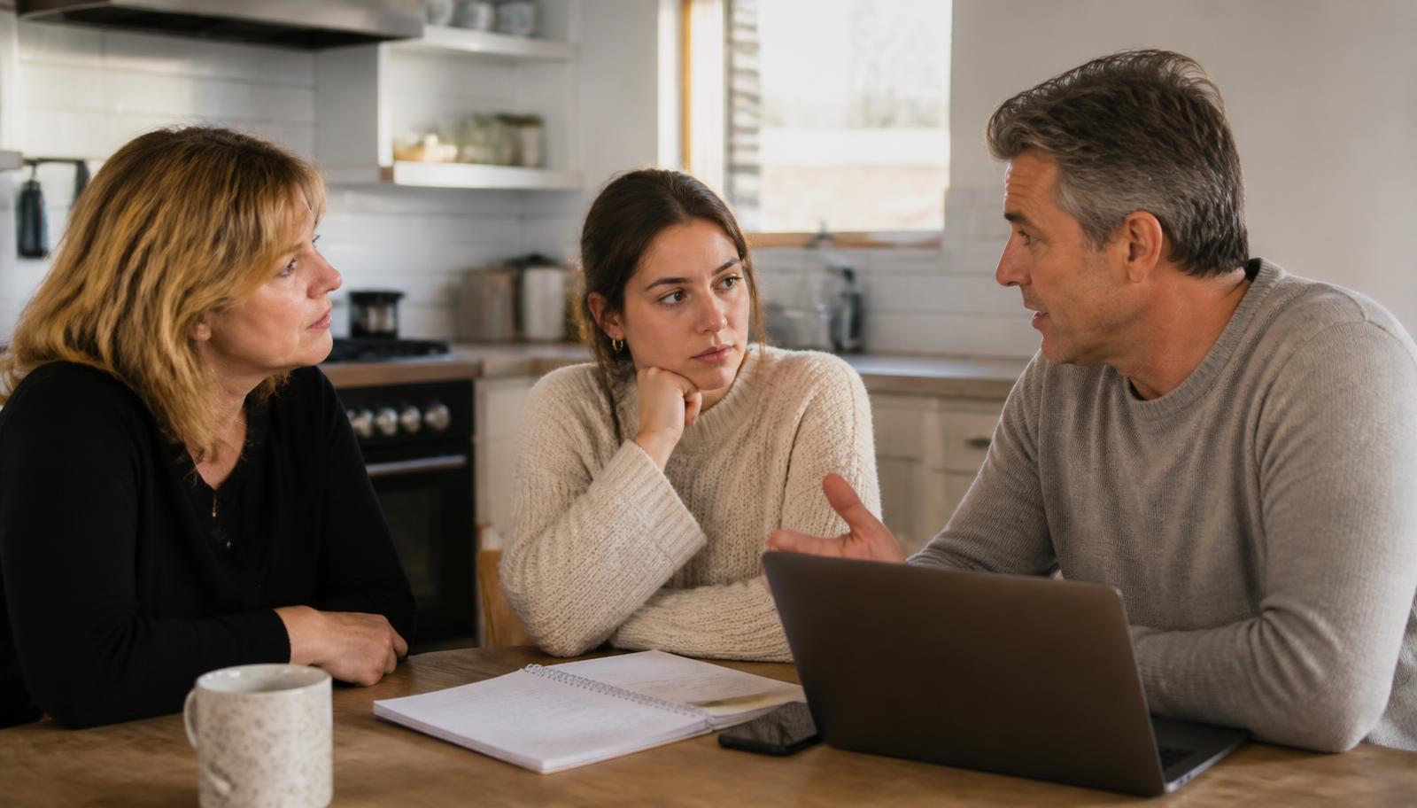 Three adults sitting around a kitchen table with a notepad and laptop, talking through the responsibilities of adding a puppy to the household