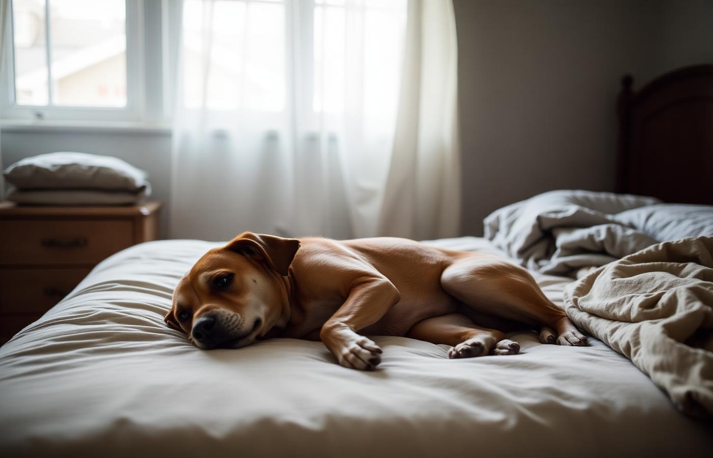Dog lying relaxed on a bed beside a folded blanket in a softly lit bedroom