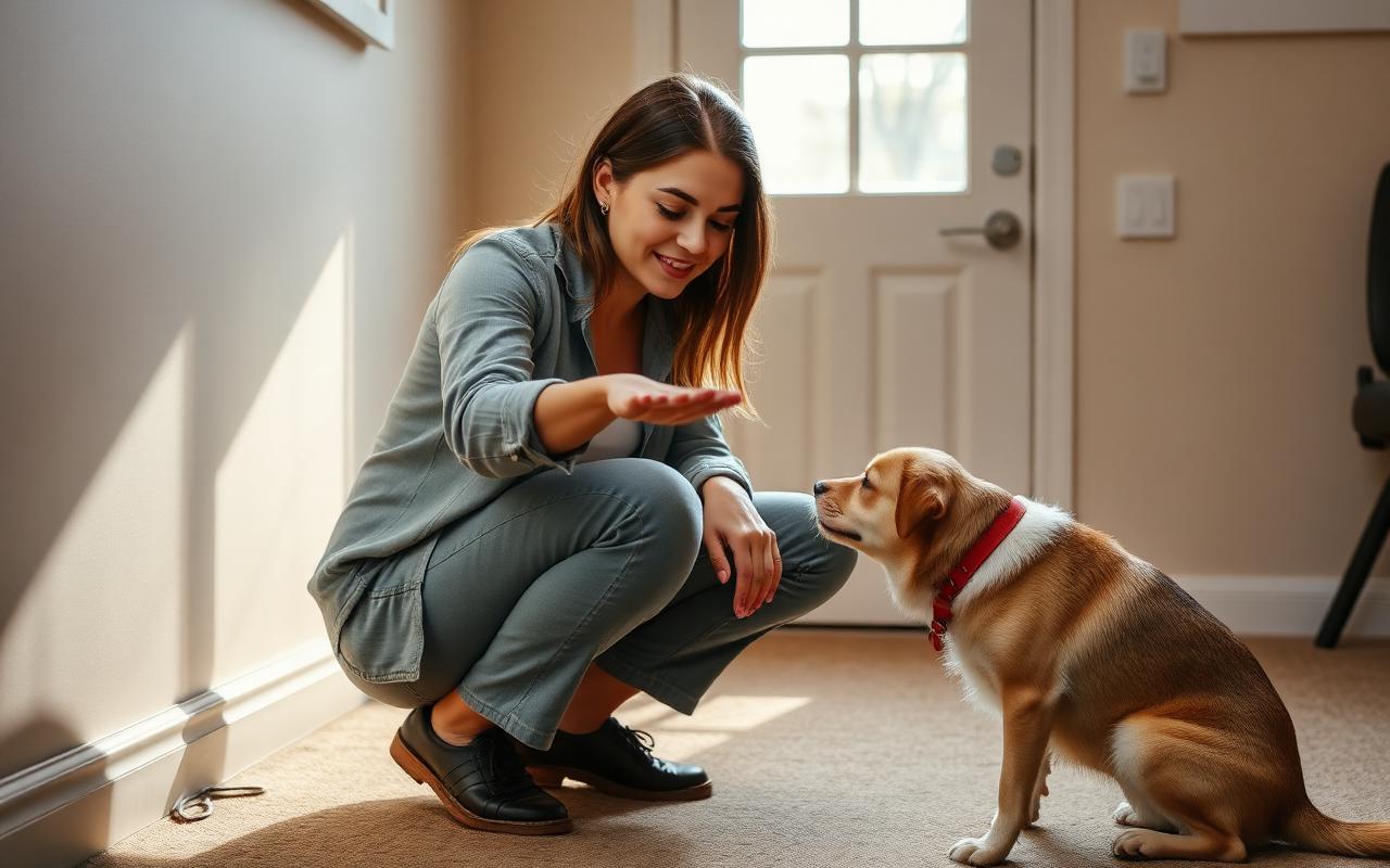 Person crouching calmly while a shelter dog approaches to sniff an offered hand