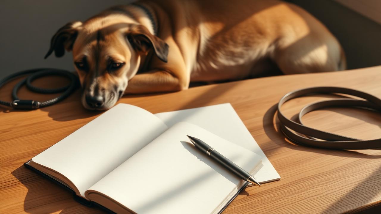 Notebook, calendar and pen on a desk beside a sleeping dog, planning a long-term training schedule