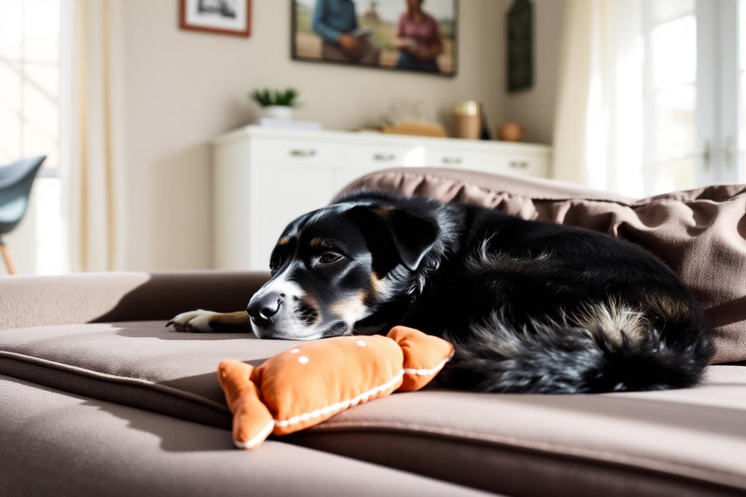 Dog lying relaxed on its side on a rug in a quiet empty room