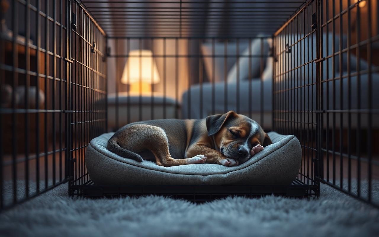 Puppy asleep on soft bedding inside an open crate in a dim room