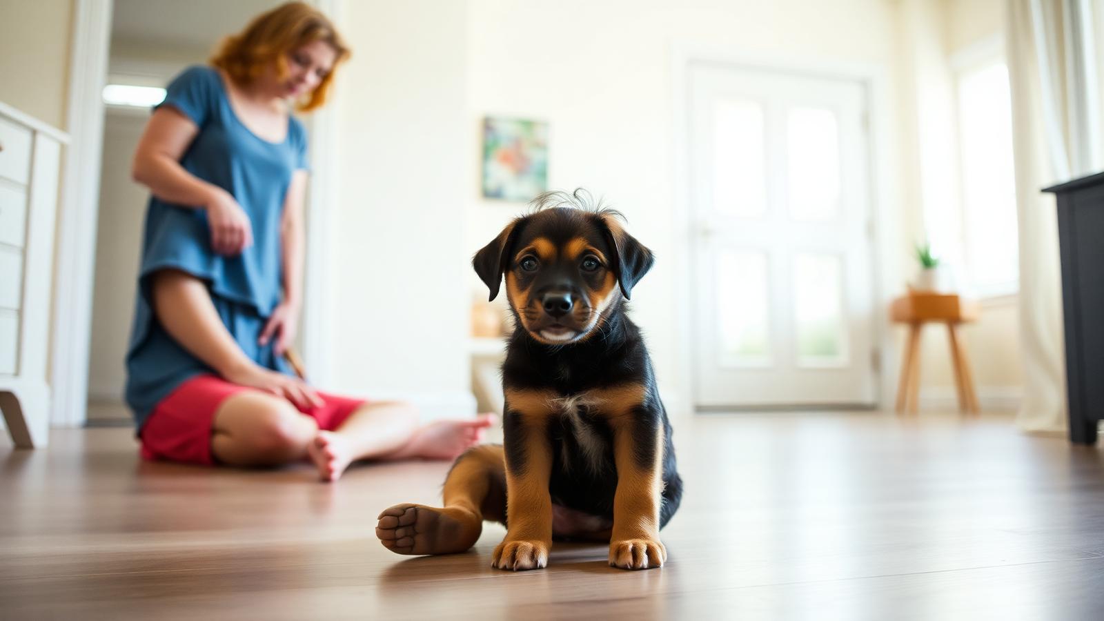 Child sitting calmly near a puppy while an adult supervises