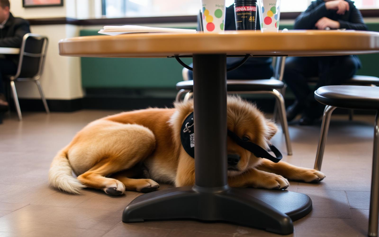Calm working dog lying tucked under a cafe table in a public space