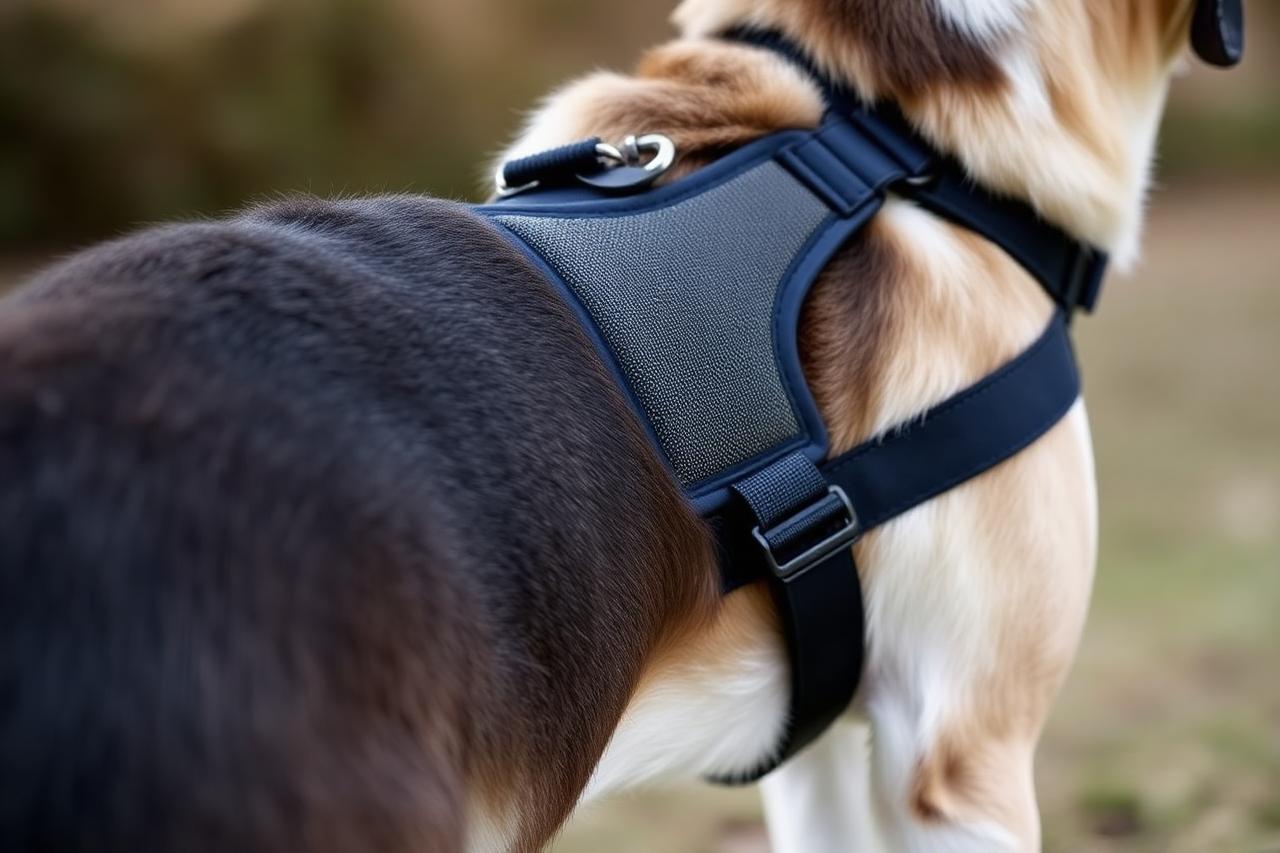 Close-up of a well-fitted Y-shaped padded harness on a calm standing dog showing shoulder clearance