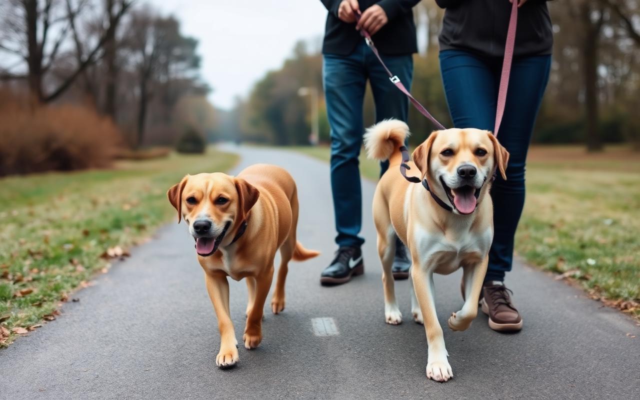 Two adult dogs walking side by side on a quiet path with two handlers