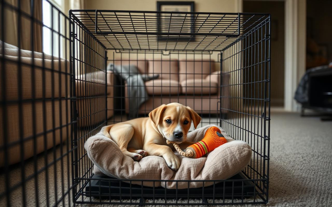 Puppy resting calmly on a bed inside an open crate in a quiet living room