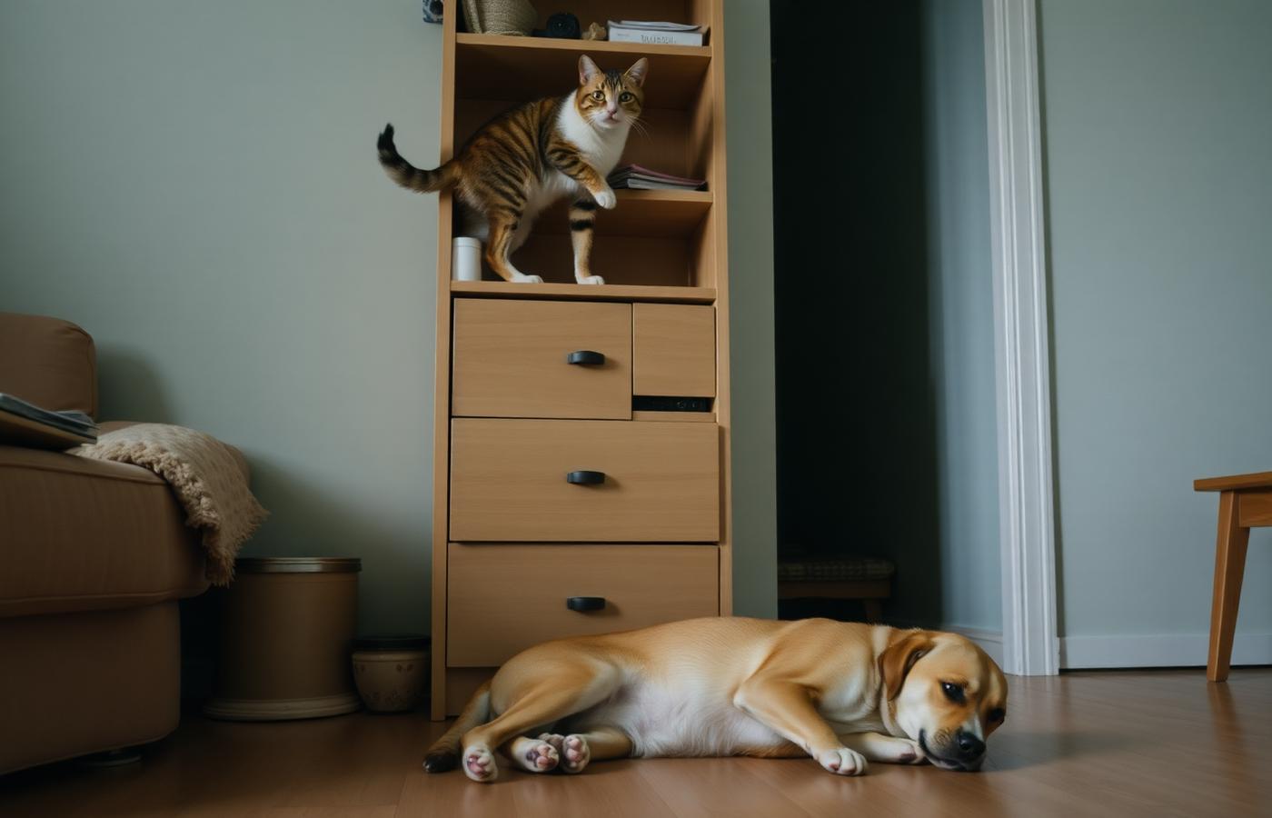 Cat walking along a tall shelf above a dog resting on the floor