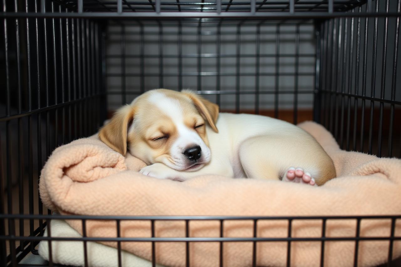Puppy asleep on a soft bed inside a quiet pen