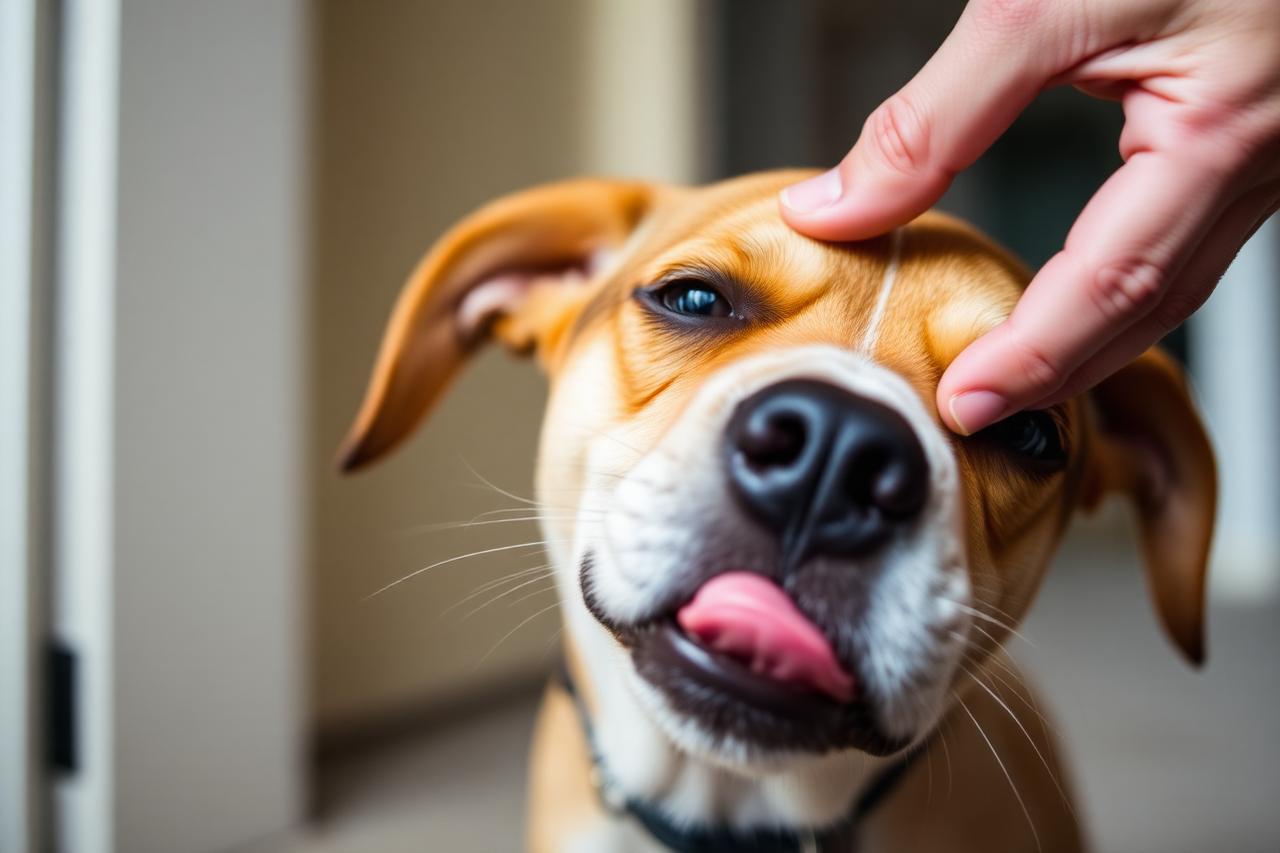 Close-up of a dog turning its head away and licking its lips while a hand reaches toward it
