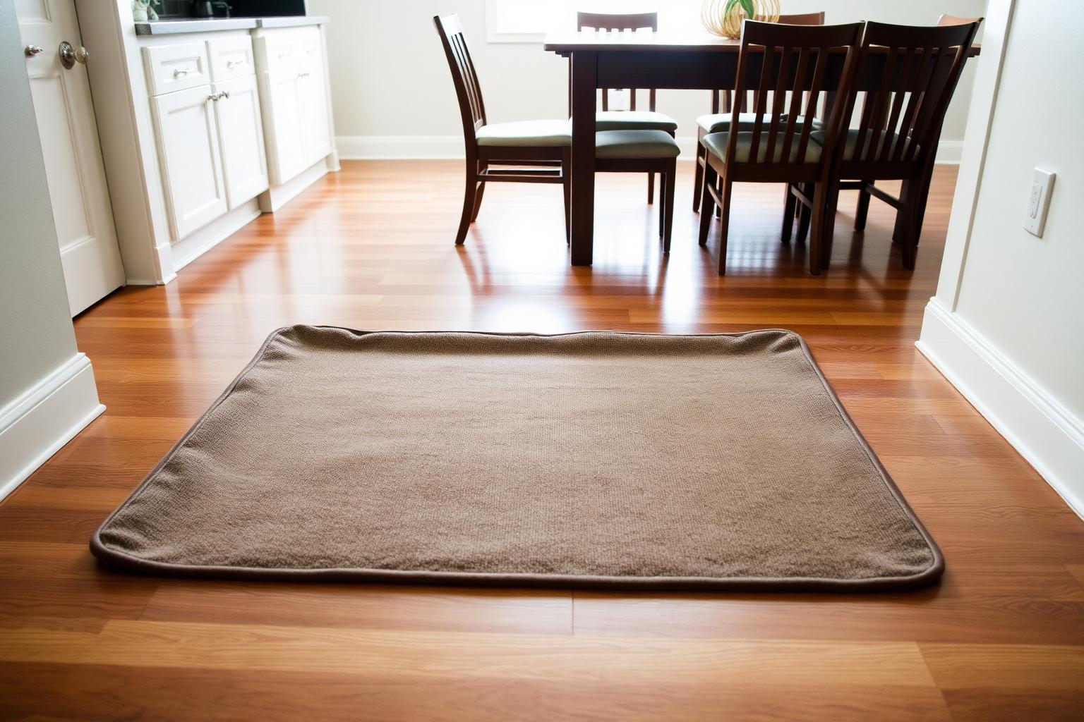 Empty rectangular dog mat on hardwood floor at the edge of a dining room
