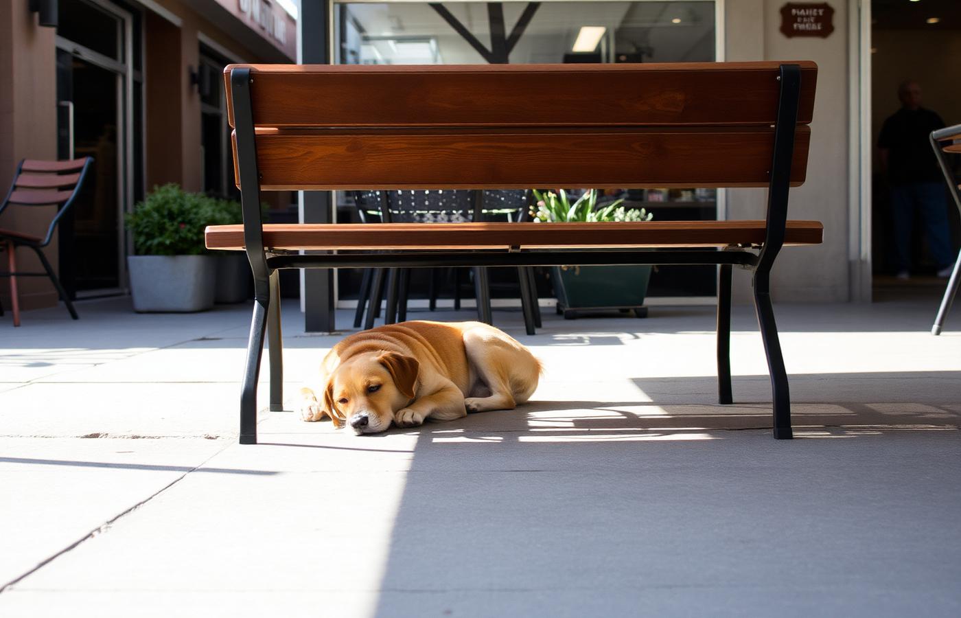 Dog resting quietly under a cafe bench, out of the walkway, on an outdoor patio