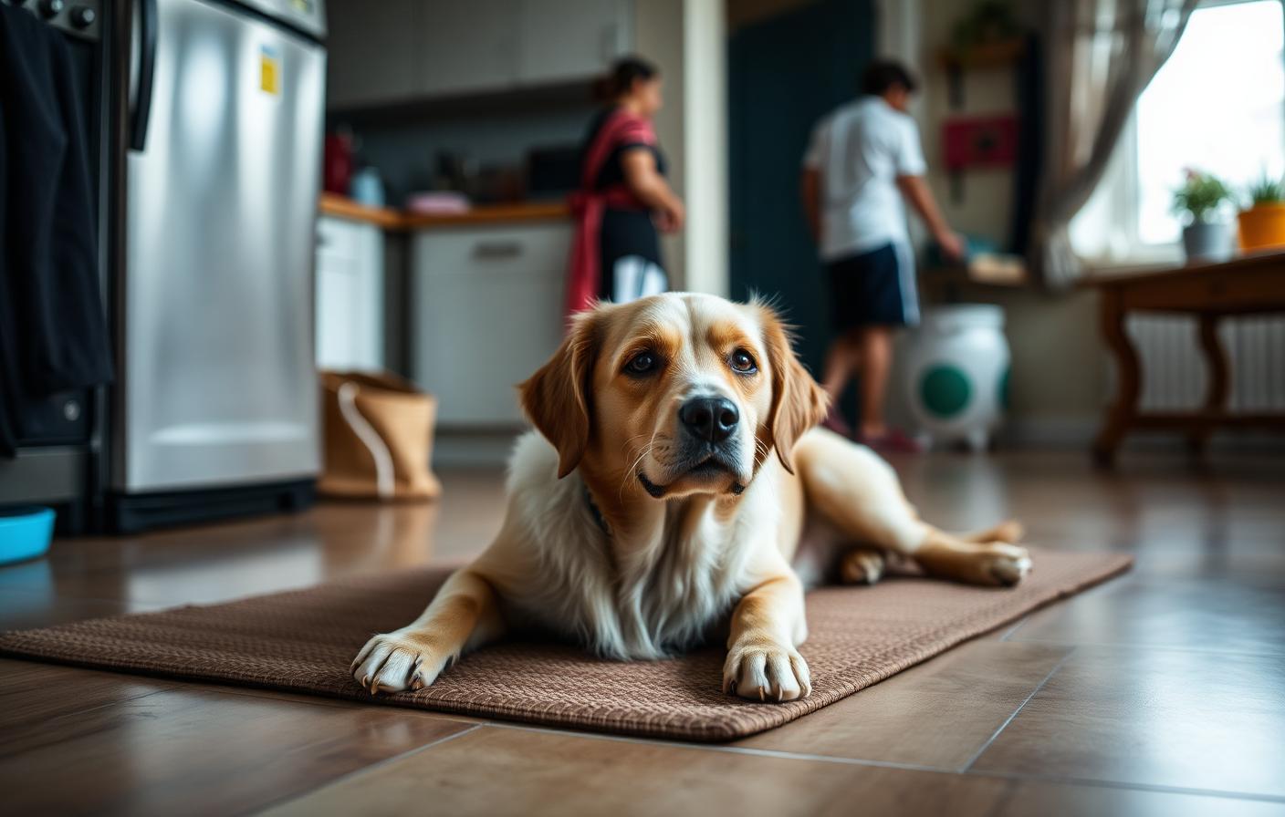 Dog settled on a mat near a kitchen while household activity happens in the background