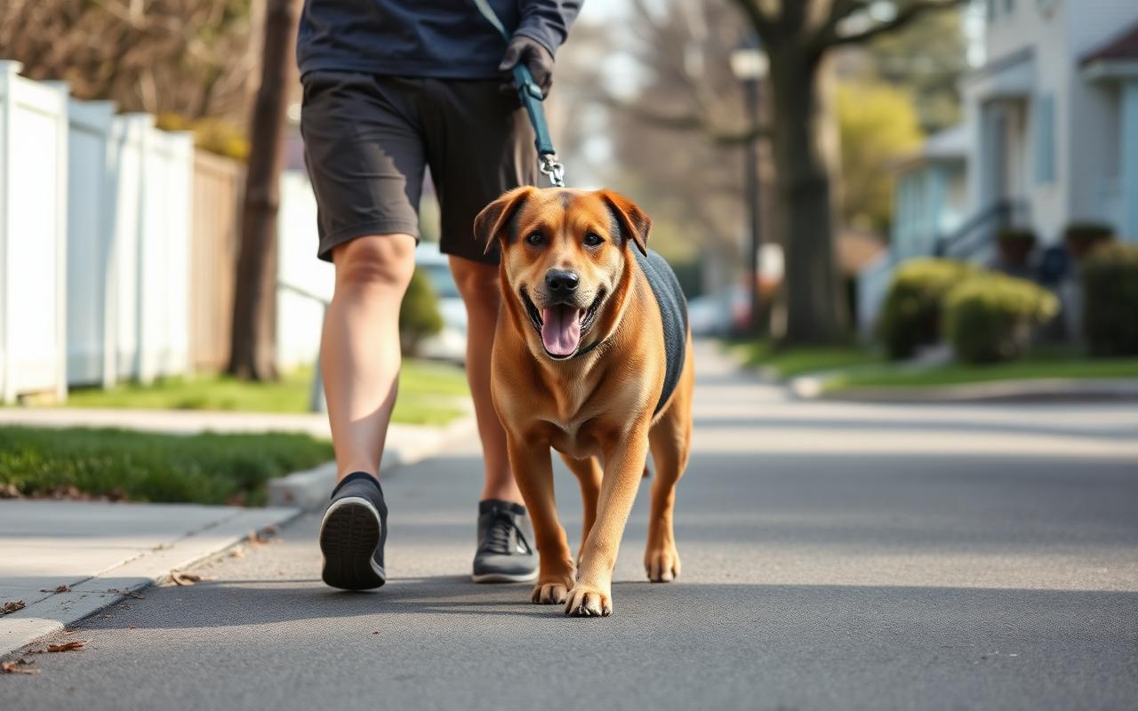 Adult dog walking on a loose leash beside its owner on a quiet street